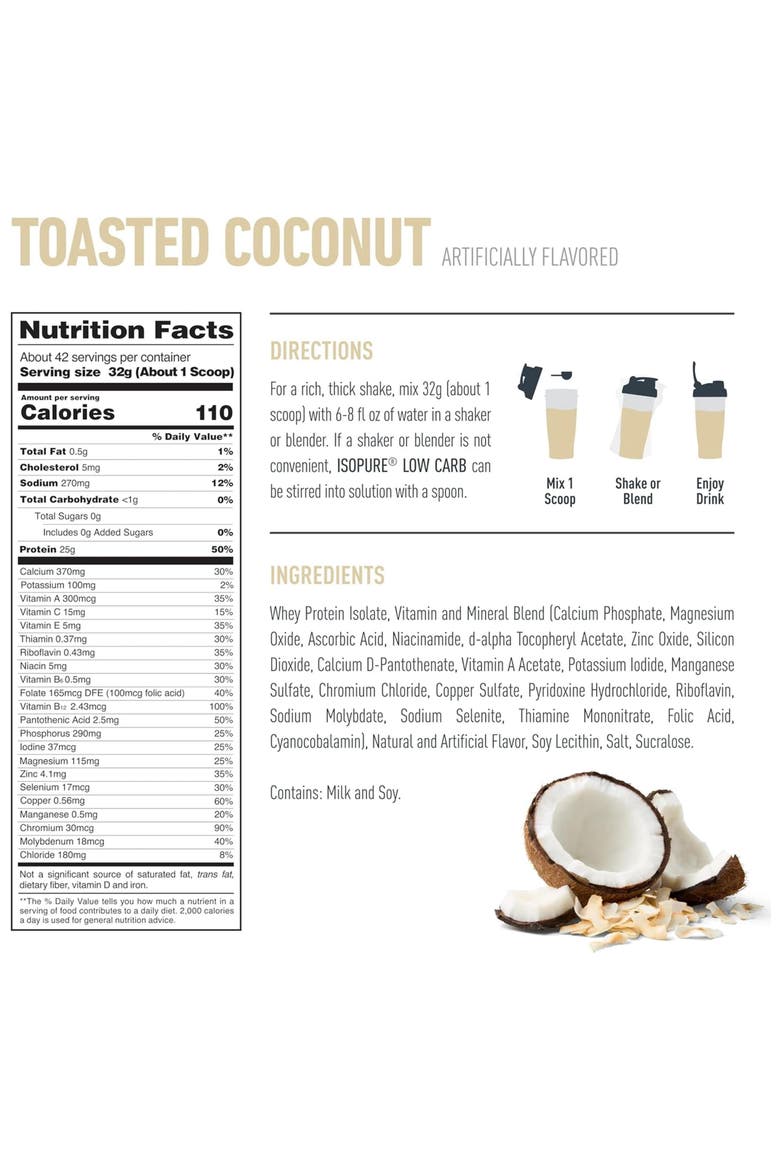 Low Carb Pure Whey Isolate Protein Powder Toasted Coconut, Alternate, color, None