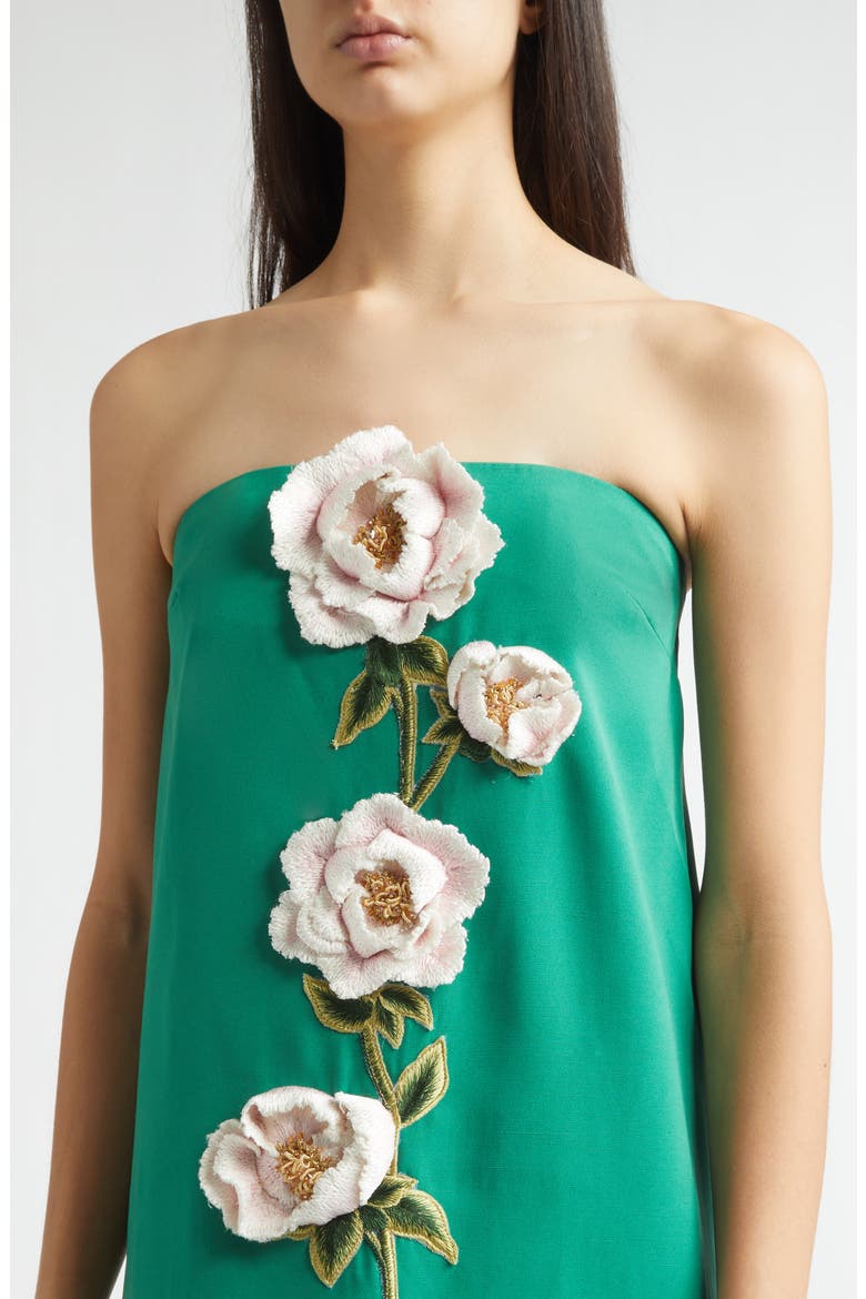 3D Peony Embroidered Strapless Faille Gown, Alternate, color, FERN/ PINK