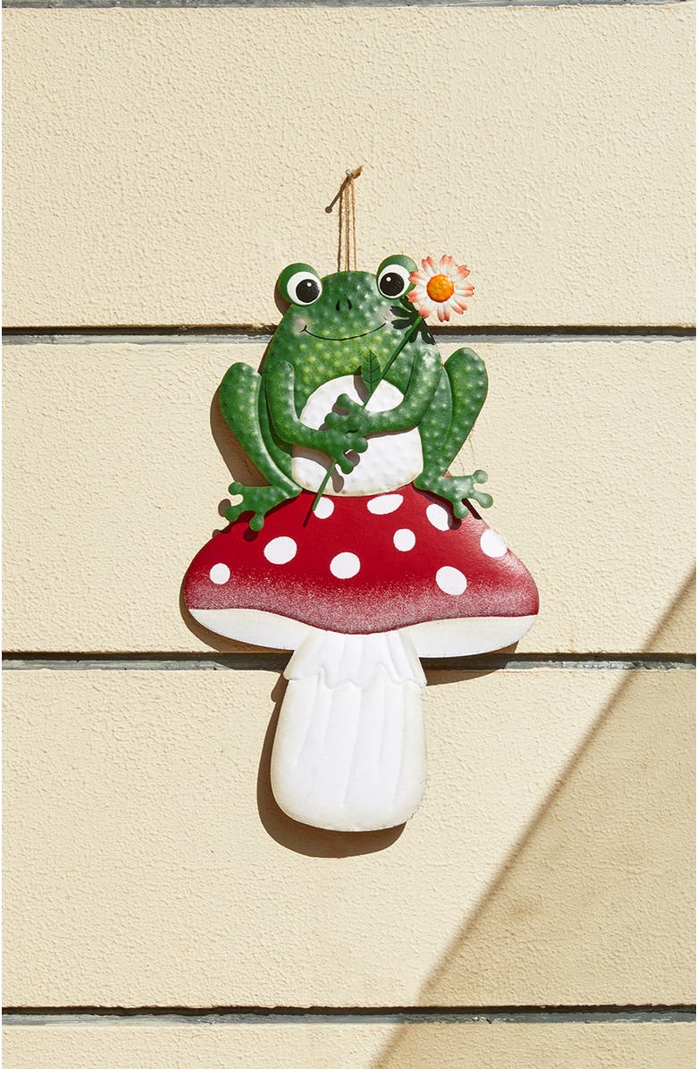 Glitzhome 30"H Multi-functional 2-in-1  Metal Stacked Mushroom and Frog Garden Yardstake Wall Decor, Alternate, color, Green