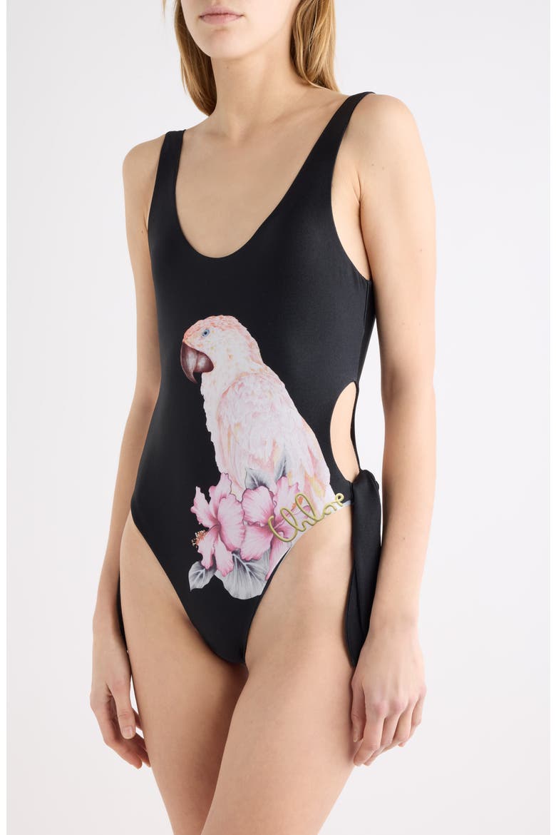 Parrot Print Cutout One-Piece Swimsuit, Alternate, color, BLACK MULTI