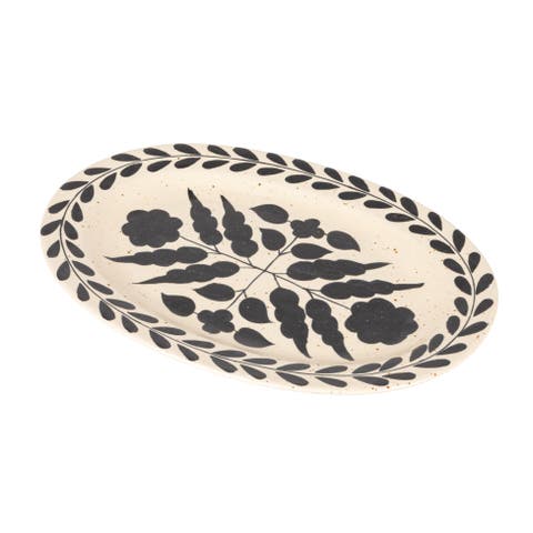 Hand Painted Stoneware Platter with Floral Design, Black and White