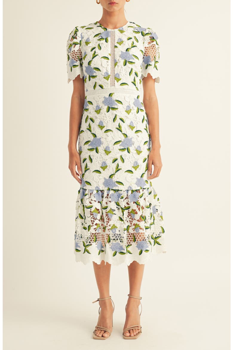 Bella Embroidered Floral Cutwork Cocktail Midi Dress, Main, color, OFF WHITE/ BLUE MULTI