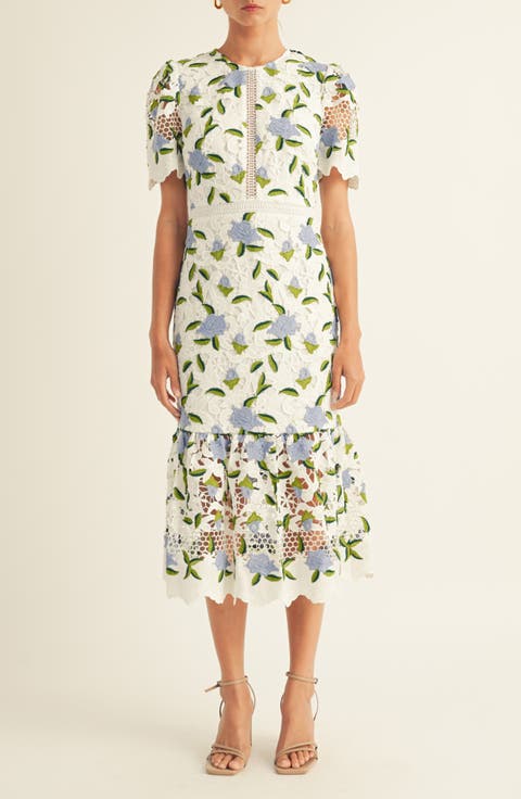 Bella Embroidered Floral Cutwork Cocktail Midi Dress