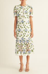 Arose Studio Bella Embroidered Floral Cutwork Cocktail Midi Dress