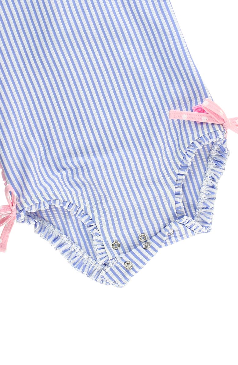 RuffleButts Seersucker One-Piece Rashguard Swimsuit, Alternate, color, Blue