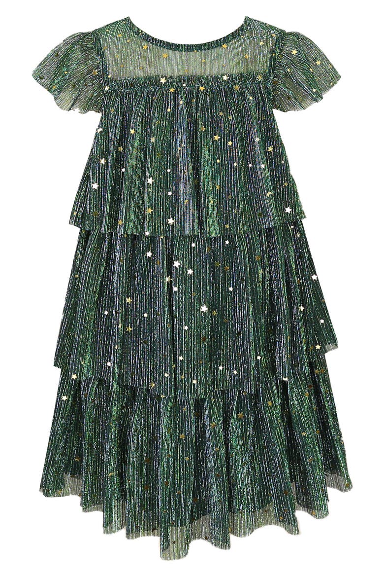Kids' Metallic Foil Ruffle Tiered Party Dress, Main, color, HUNTER GRN