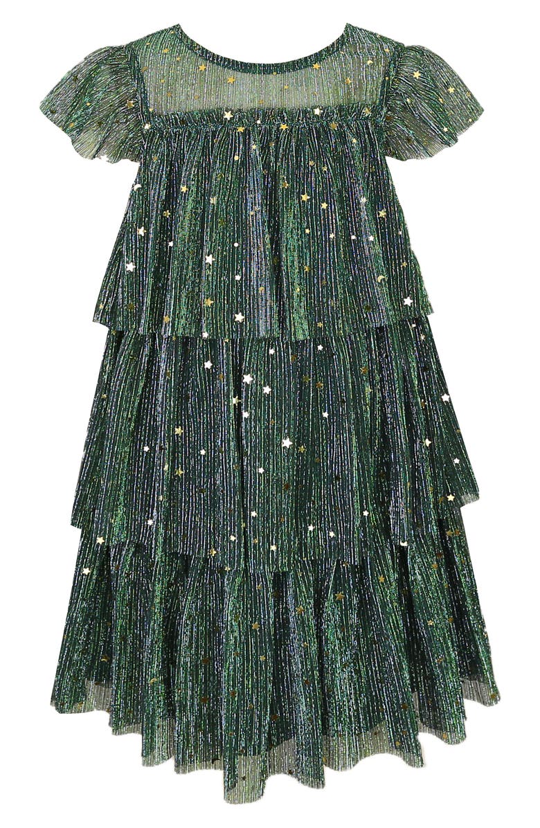 Zunie Kids' Metallic Foil Ruffle Tiered Party Dress, Main, color, Hunter Green