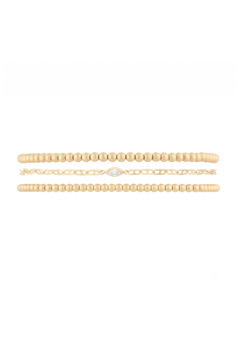 Marquise Bezel Dainty 14k Gold Filled Chain and Bead Bracelet Three Stack, Main, color, Gold