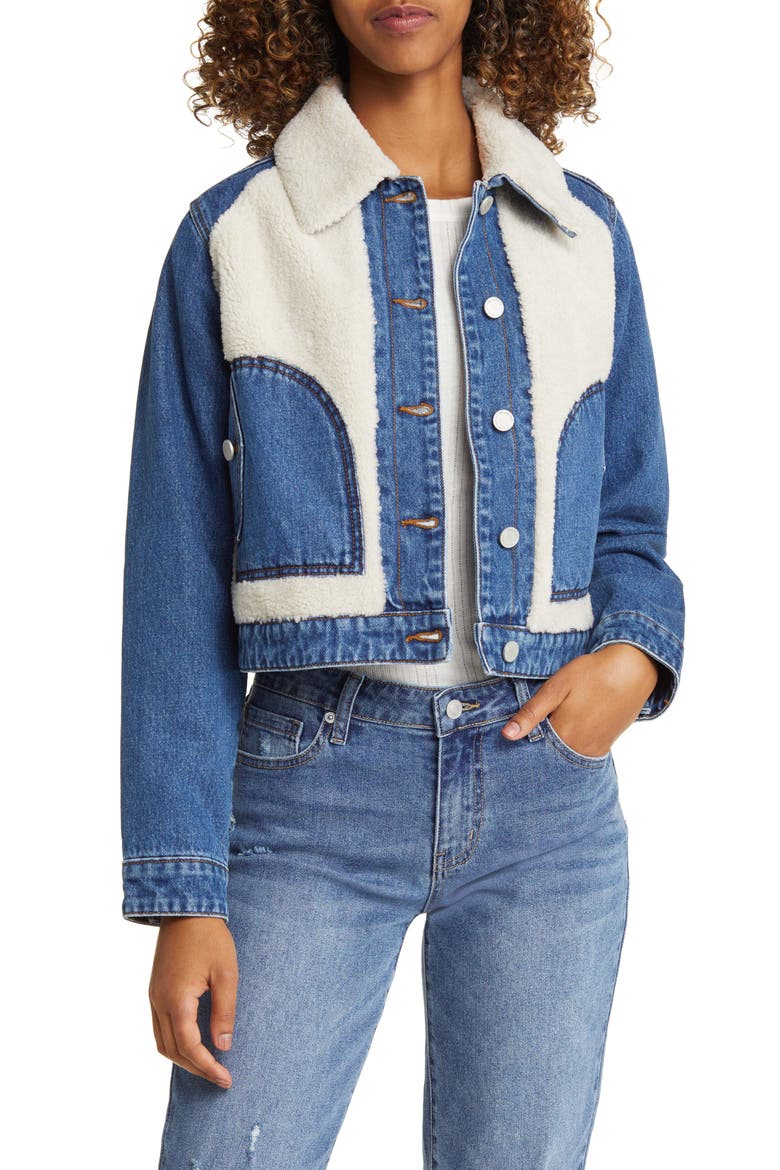 Crop Denim & Faux Shearling Jacket, Main, color, WHITE CLOUD