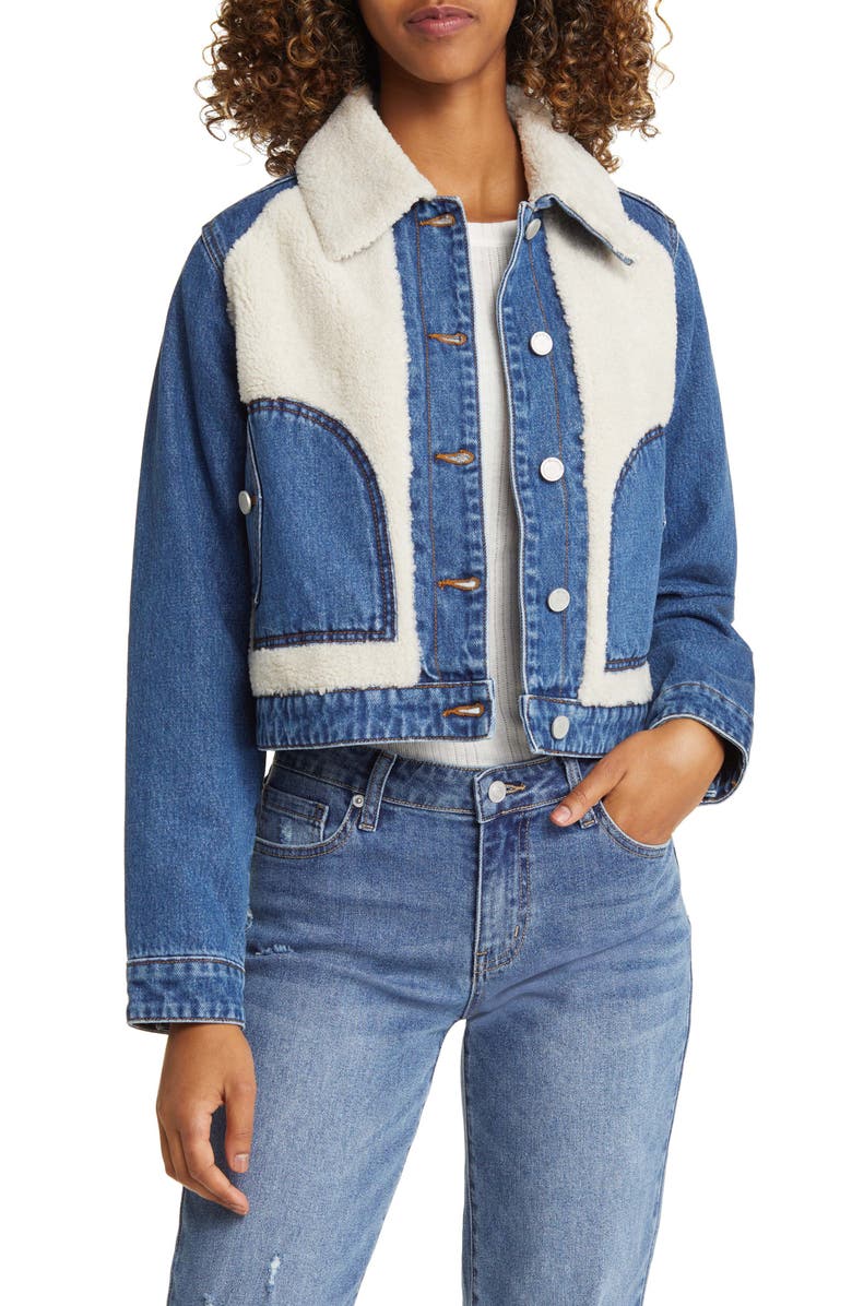 BLANKNYC Crop Denim & Faux Shearling Jacket, Main, color,