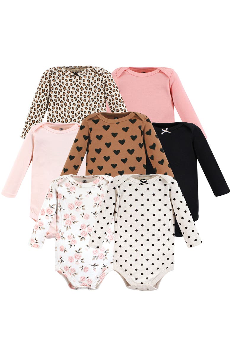 Hudson Baby Soft Cotton Long-Sleeve Bodysuits 7-Piece Value Pack, Main, color, Cinnamon Pink Prints 7-Pack