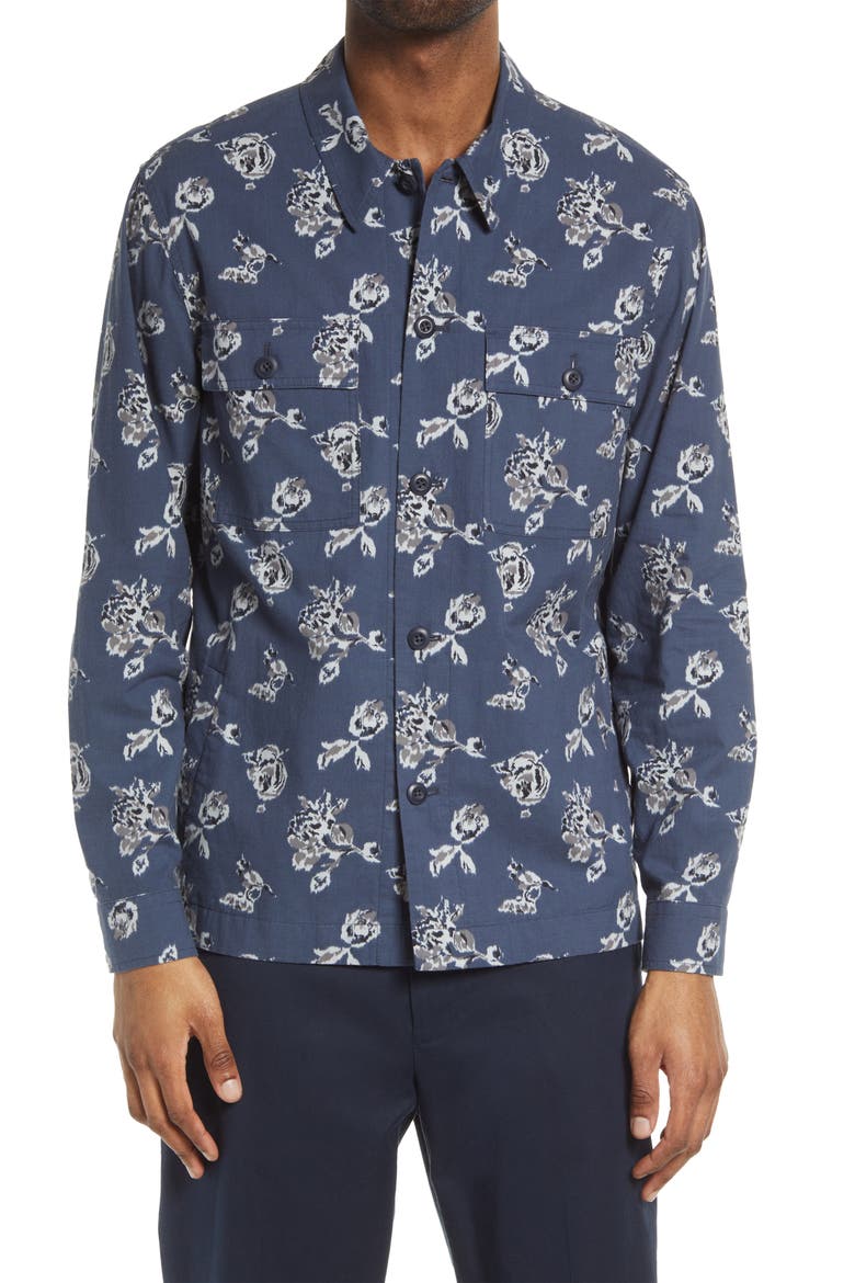 Ikat Floral Print Cotton Button-Up Shirt Jacket, Main, color, HEMATITE