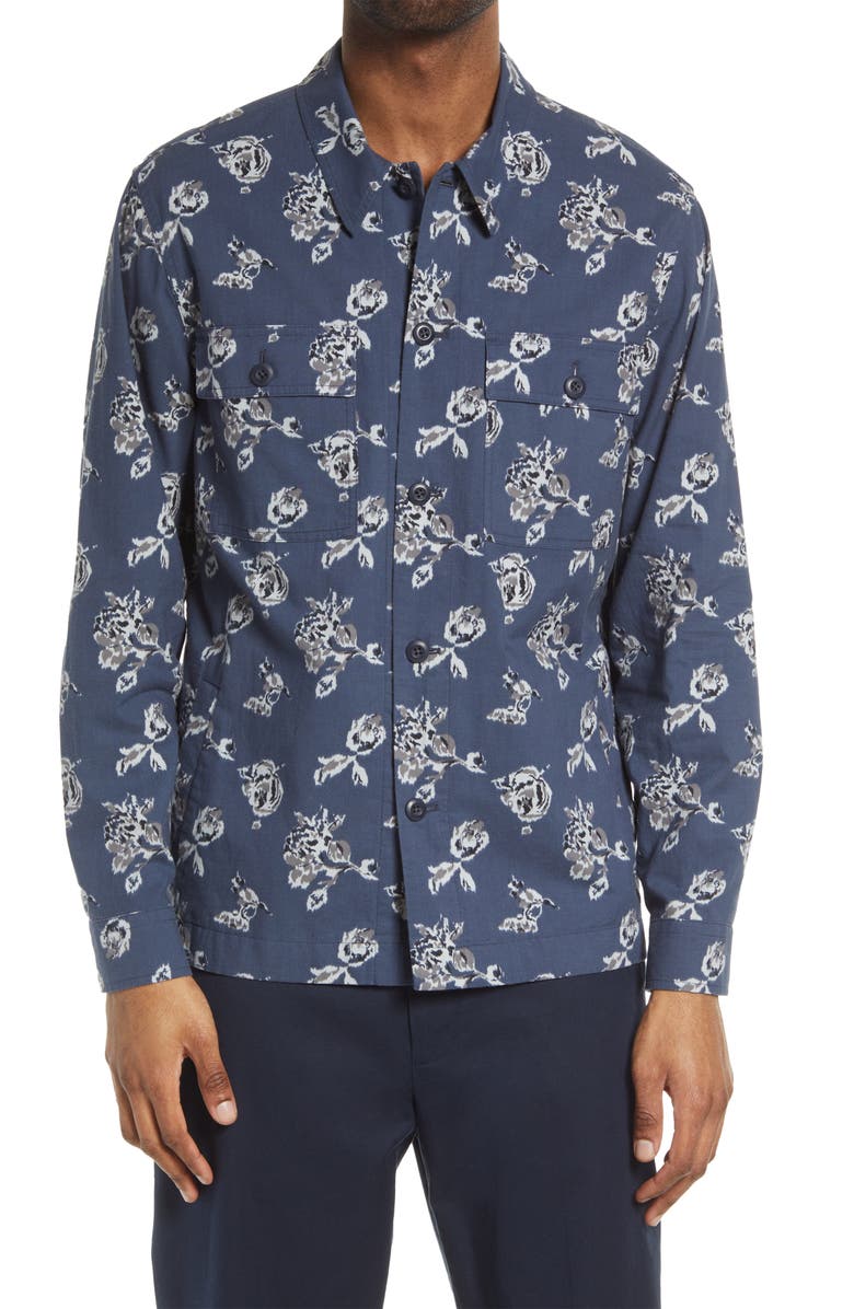 Vince Ikat Floral Print Cotton Button-Up Shirt Jacket, Main, color, Hematite