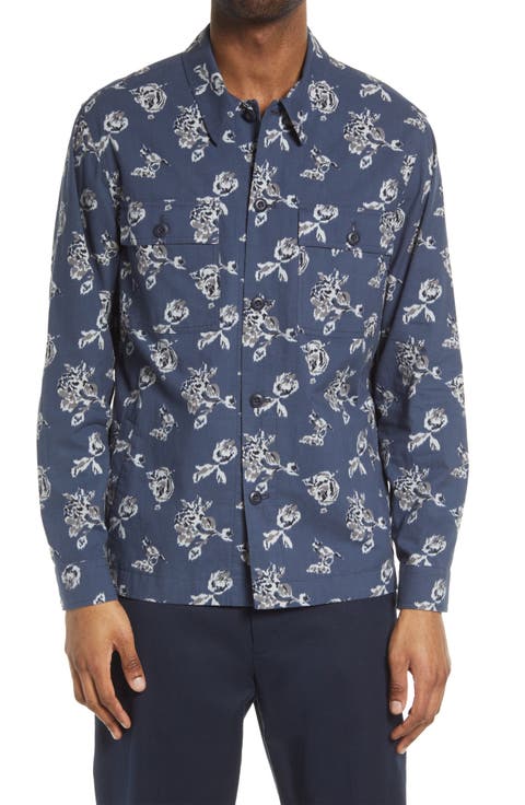 Ikat Floral Print Cotton Button-Up Shirt Jacket
