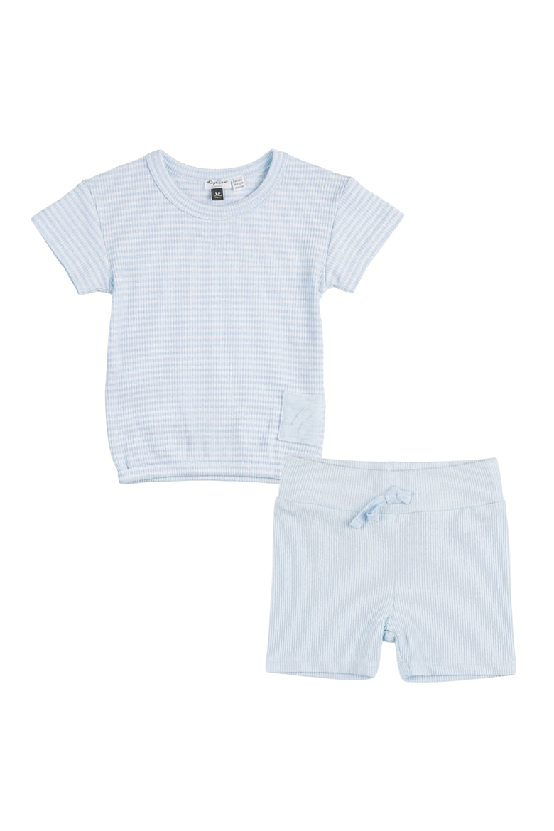 Stripe Rib Short Sleeve Top and Back Pocket Shorts Set, Main, color, Misty Blue