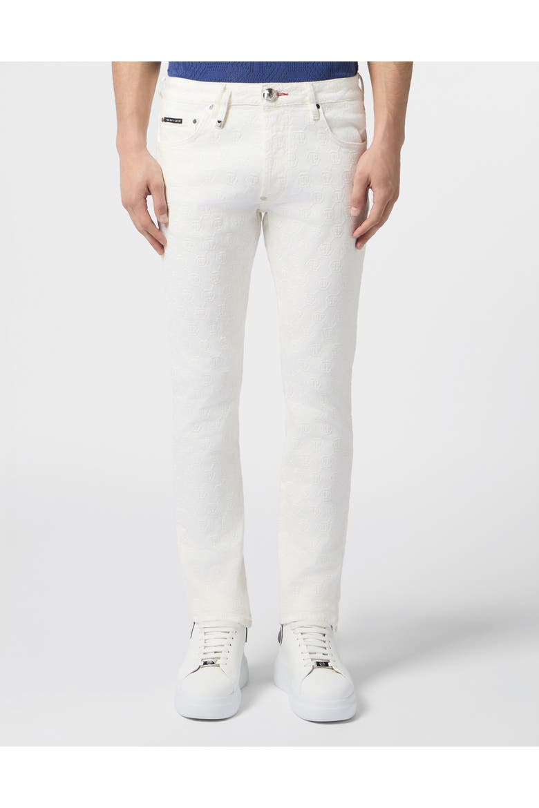 Super Straight Cut Jeans Embroidery Monogram Men, Main, color, snowcaviar
