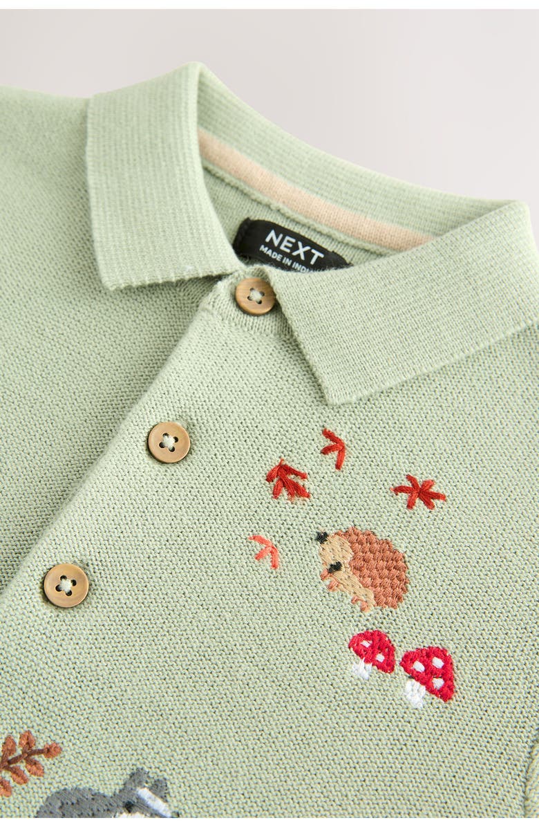 NEXT Kids' Embroidered Wildlife Long Sleeve Cotton Polo Sweater, Alternate, color, Green