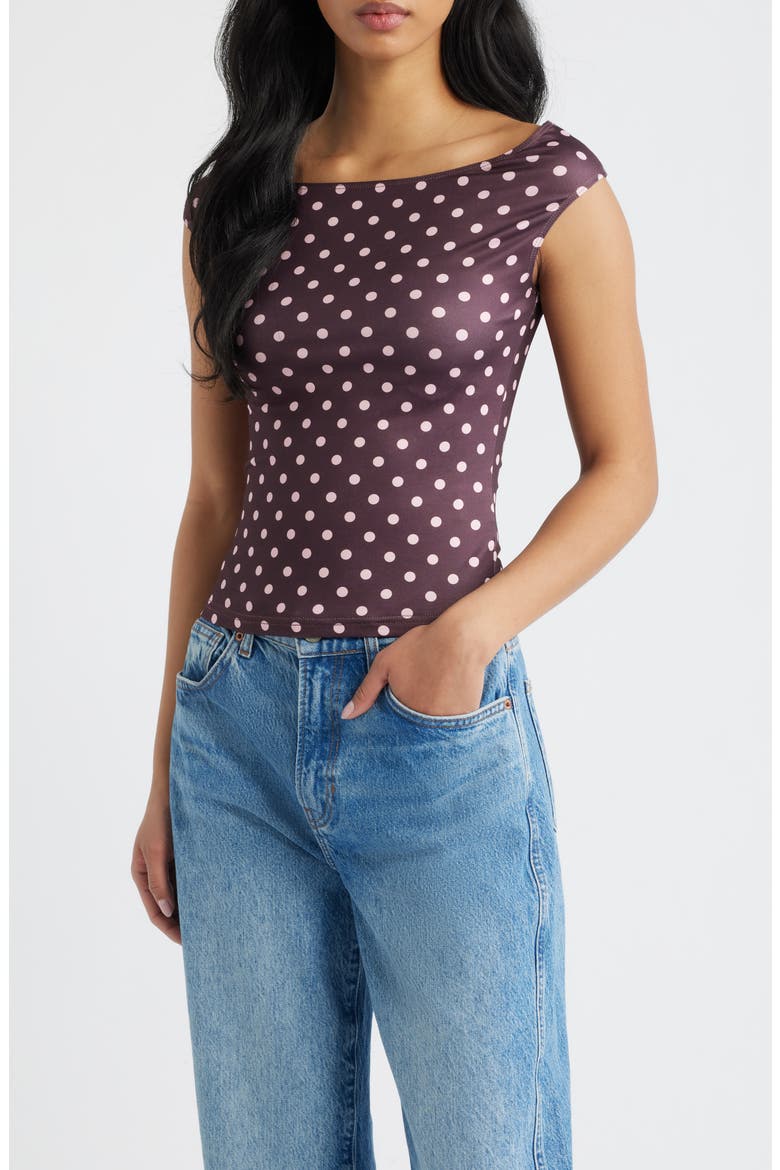 Cheirosa Polka Dot Off the Shoulder Top, Main, color, CHOCOLATE / PINK