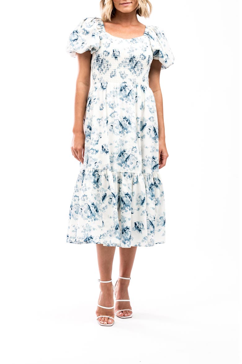 Puff Sleeve Midi Dress, Main, color, BLUE FLORAL