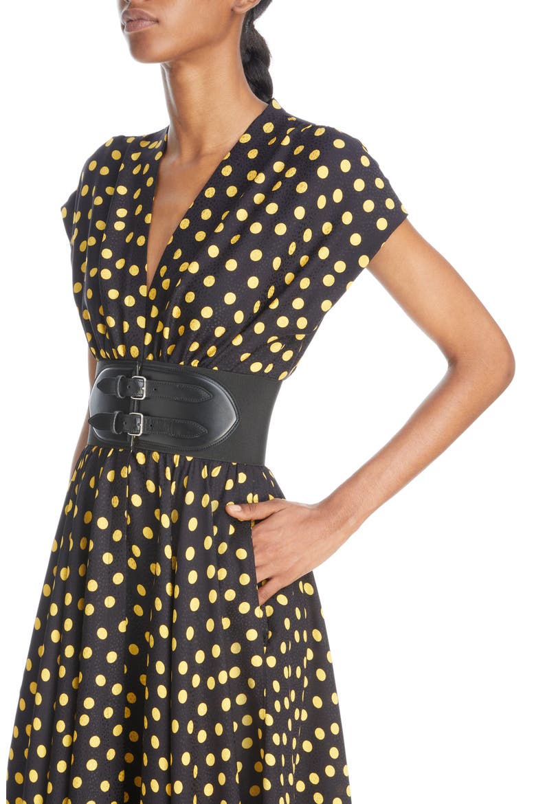 Belted Polka Dot Silk Crepe Midi Dress, Alternate, color, NUIT/ JAUNE