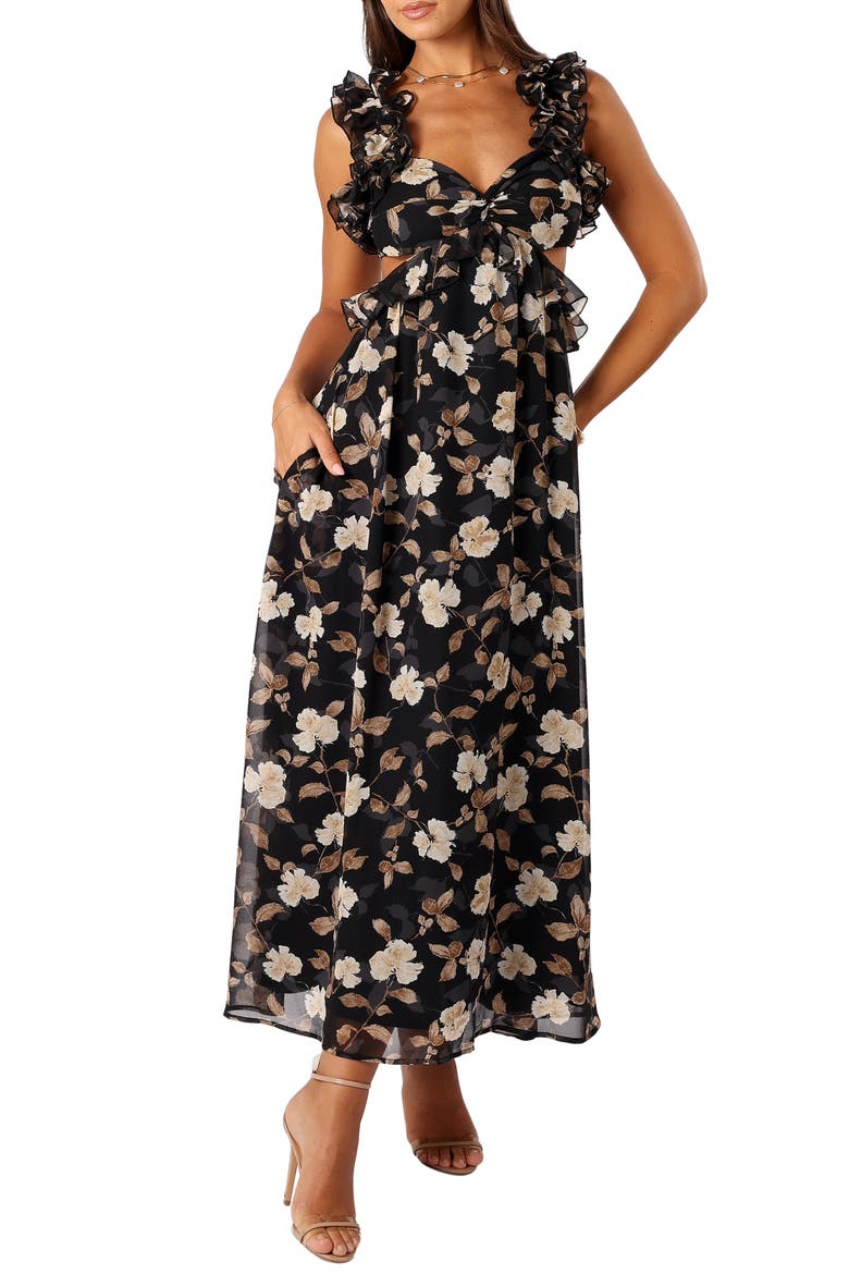 Lucah Floral Ruffle Maxi Dress, Main, color, BLACK