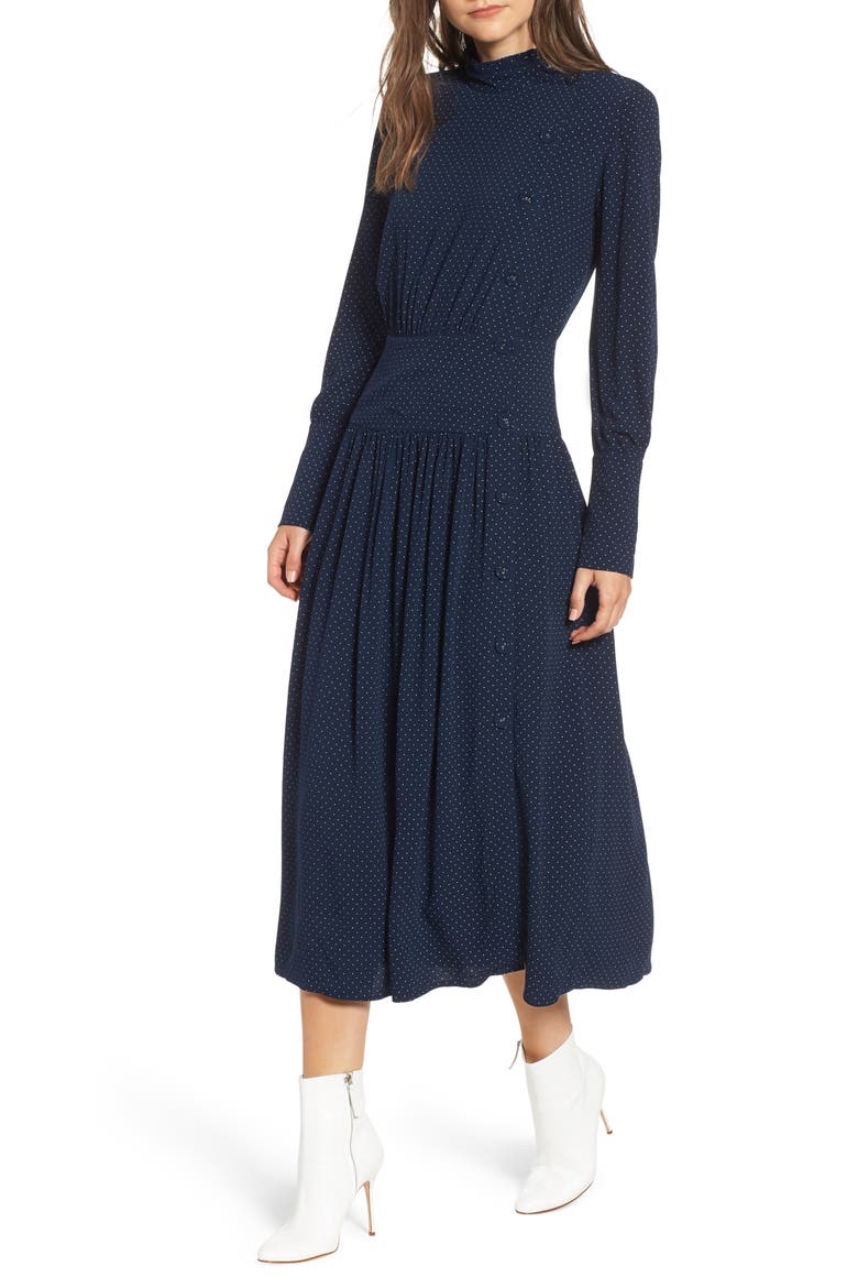 Side Button Midi Dress, Main, color, NAVY IRIS MINI DOT
