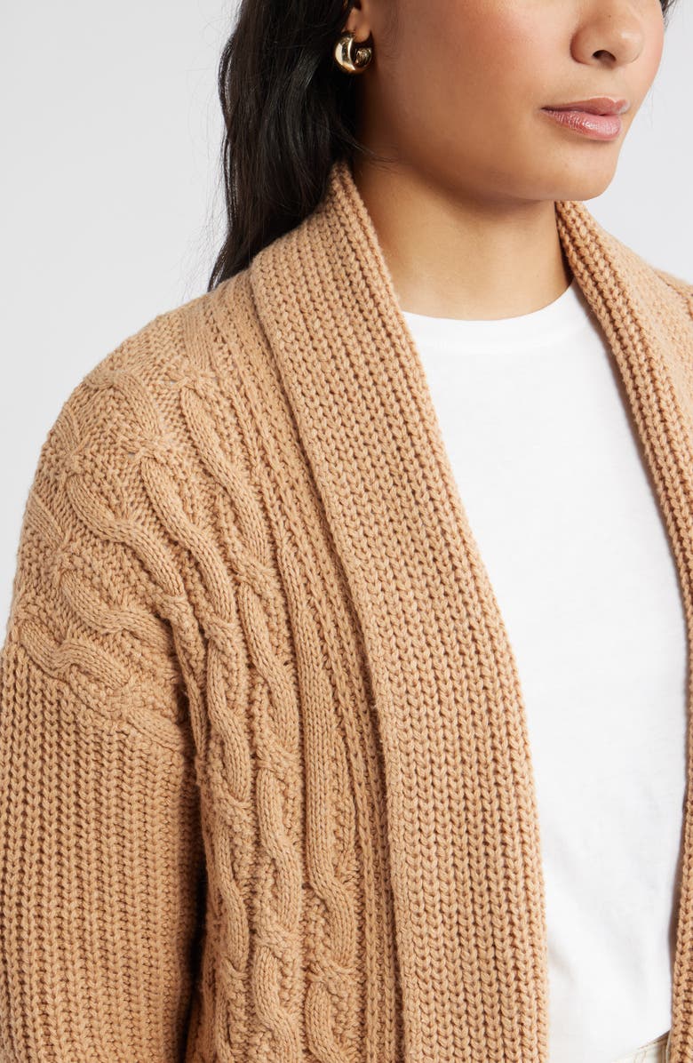 Caslon<sup>®</sup> Cable Longline Open Front Cardigan, Alternate, color, Tan Camel Dark Heather