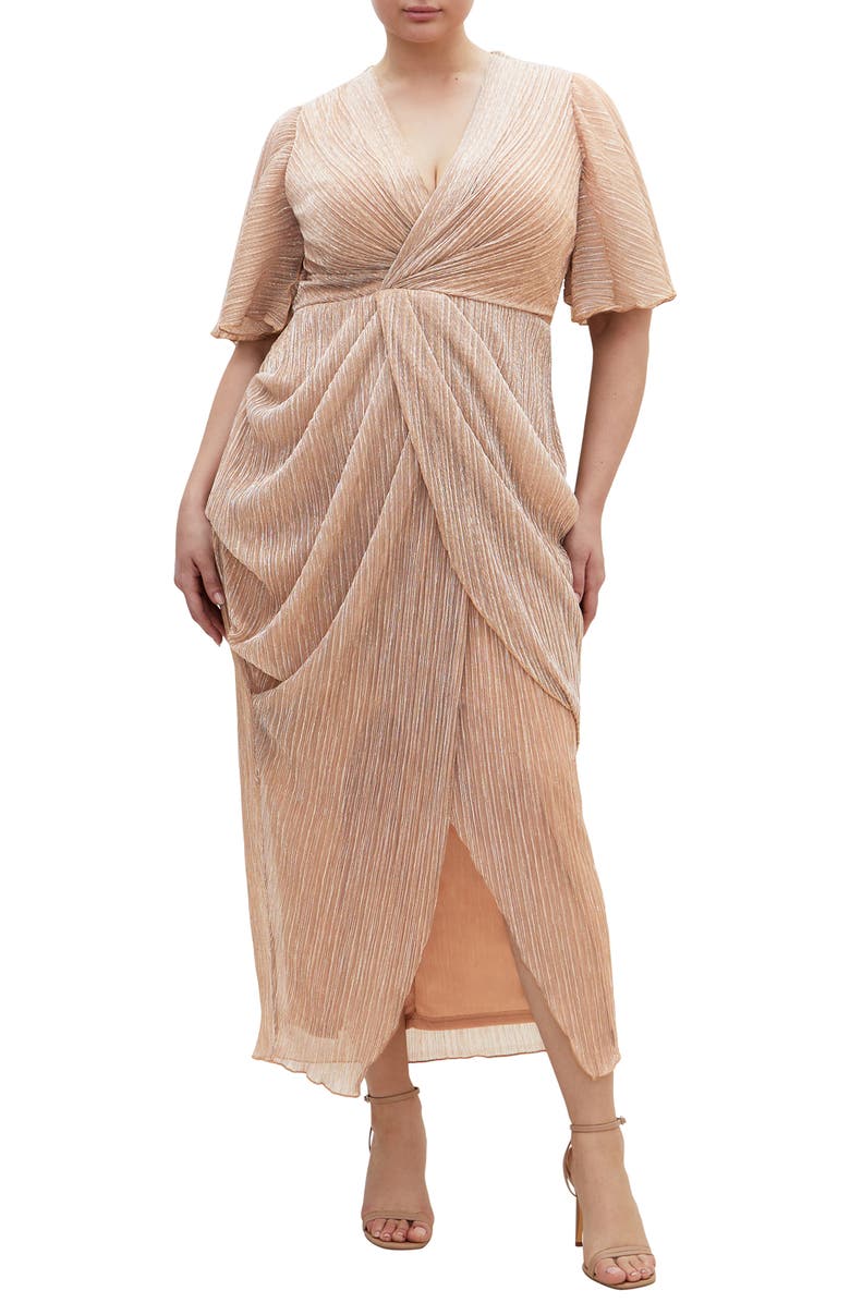 City Chic Lily Metallic Ruched Dress, Main, color, Soft Blush