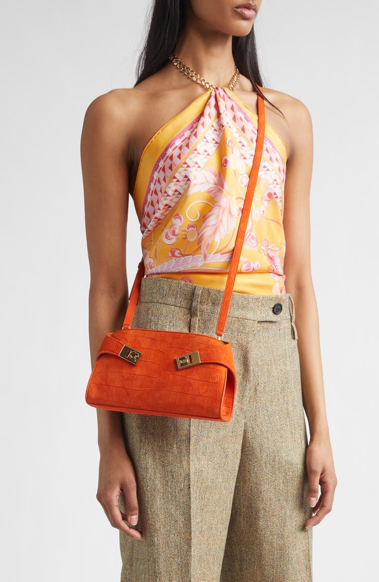 FERRAGAMO Hug Croc Embossed Suede East/West Shoulder Bag, Alternate, color, Light Siena Naturale Rst