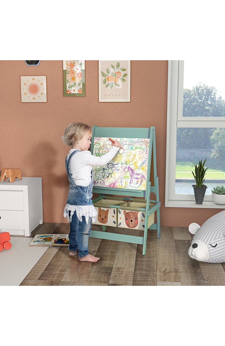 Qaba Kids 3-in-1 Art Easel with Paper Roll, Blackboard, Whiteboard, Storage Baskets​, Alternate, color, Green