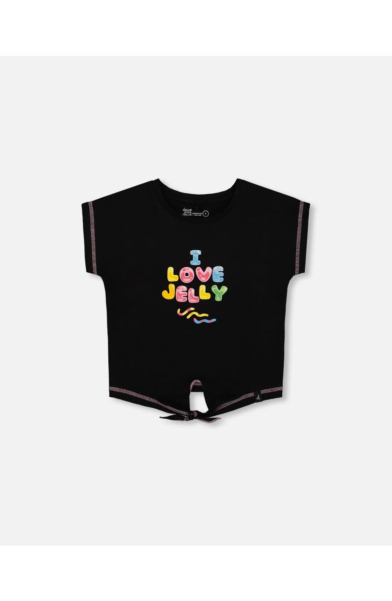Deux par Deux Girl's Organic Cotton Tee With Print And Knot Black And Multicolored, Main, color,