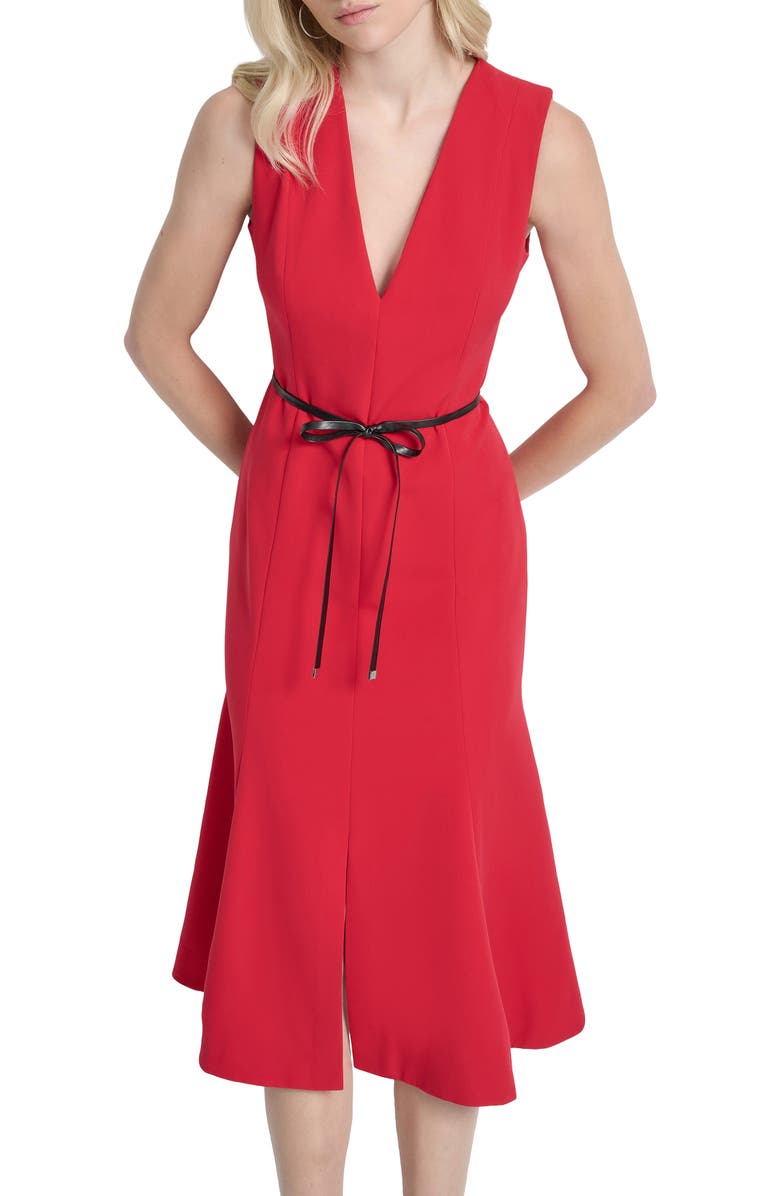 DKNY V-Neck Sleeveless Fit & Flare Midi Dress, Alternate, color, City Crimson