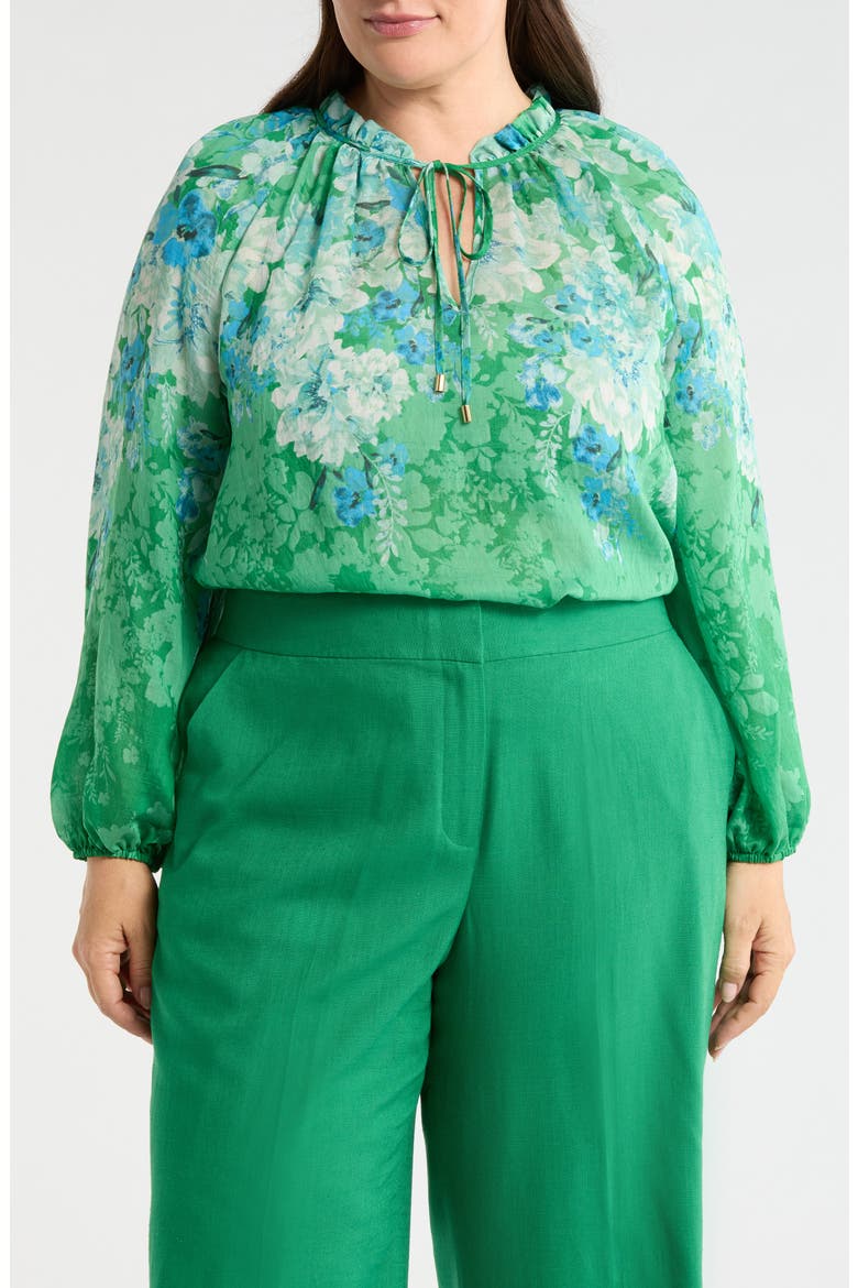 Floral Print Tie Neck Top, Main, color, GREEN BLUE
