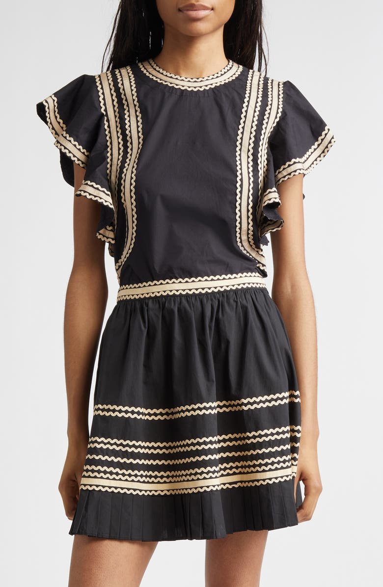 Ulla Johnson Anora Rickrack Trim Cotton Flutter Sleeve Top, Main, color, Noir