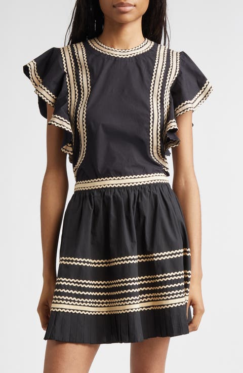 Anora Rickrack Trim Cotton Flutter Sleeve Top