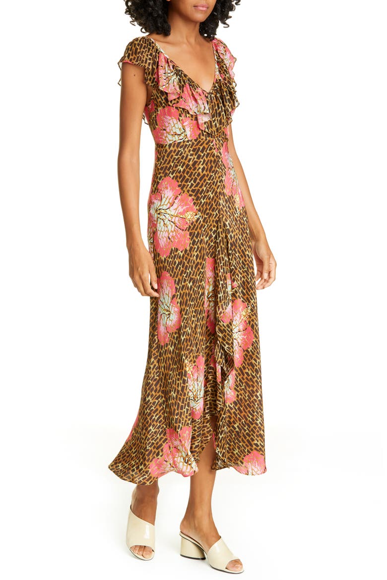 Antoinette Floral & Giraffe Print Silk Blend Midi Dress, Main, color, HAWAII GIRAFFE CAMEL CORAL