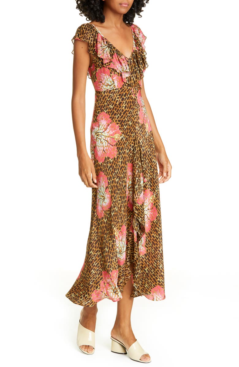 RIXO Antoinette Floral & Giraffe Print Silk Blend Midi Dress, Main, color, 