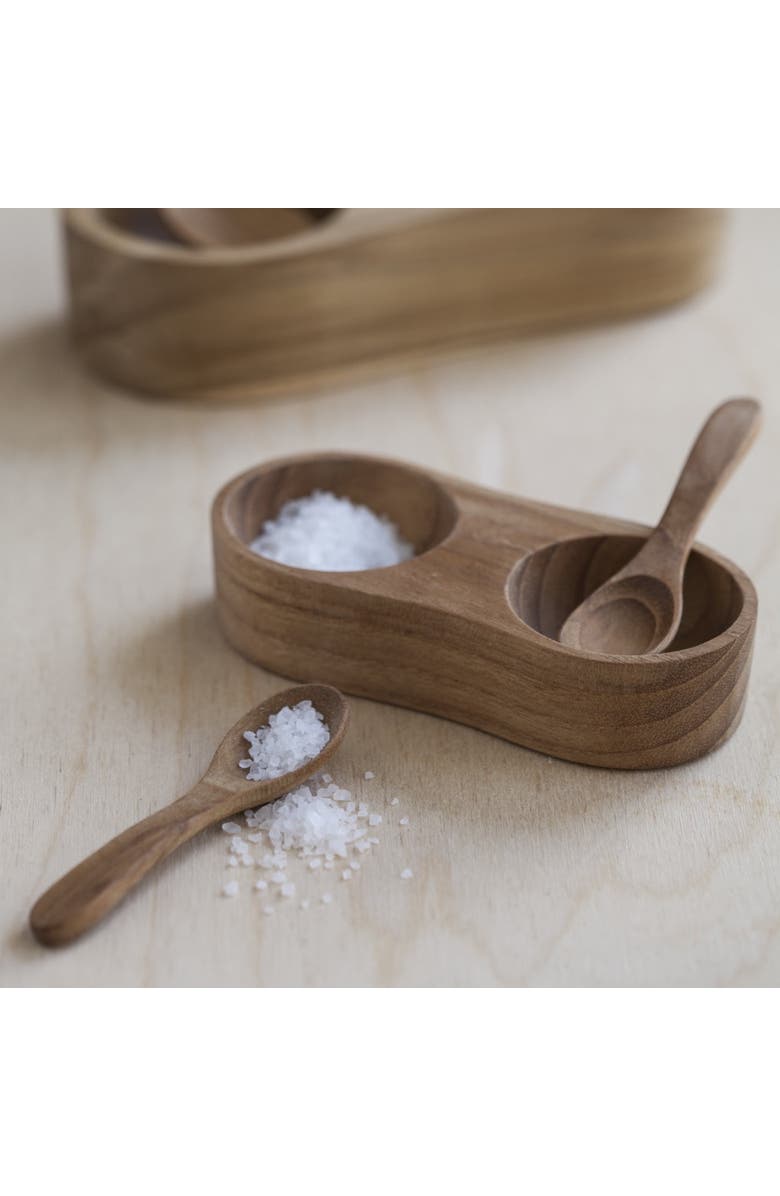 Be Home Salt & Pepper Cellar with Spoons, Alternate, color, Teak