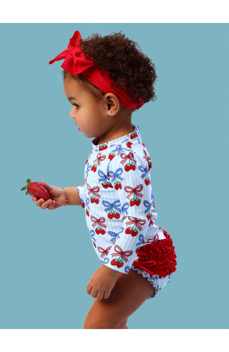 RuffleButts Baby Girls UPF50+ Sun Protected Americana Long Sleeve One Piece Rash Guard, Alternate, color, Berries & Bows
