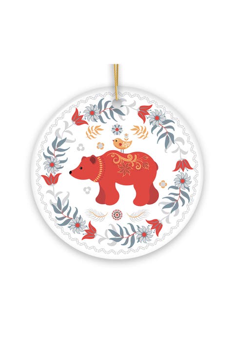 Scandinavian Folk Bear Floral Wreath Ornament