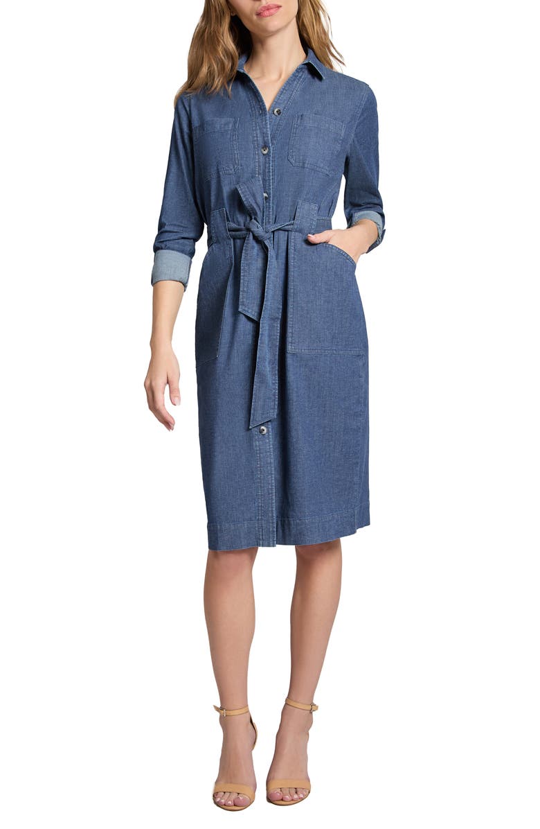 Jones New York Patch Pocket Long Sleeve Denim Shirtdress, Main, color, Dark Wash