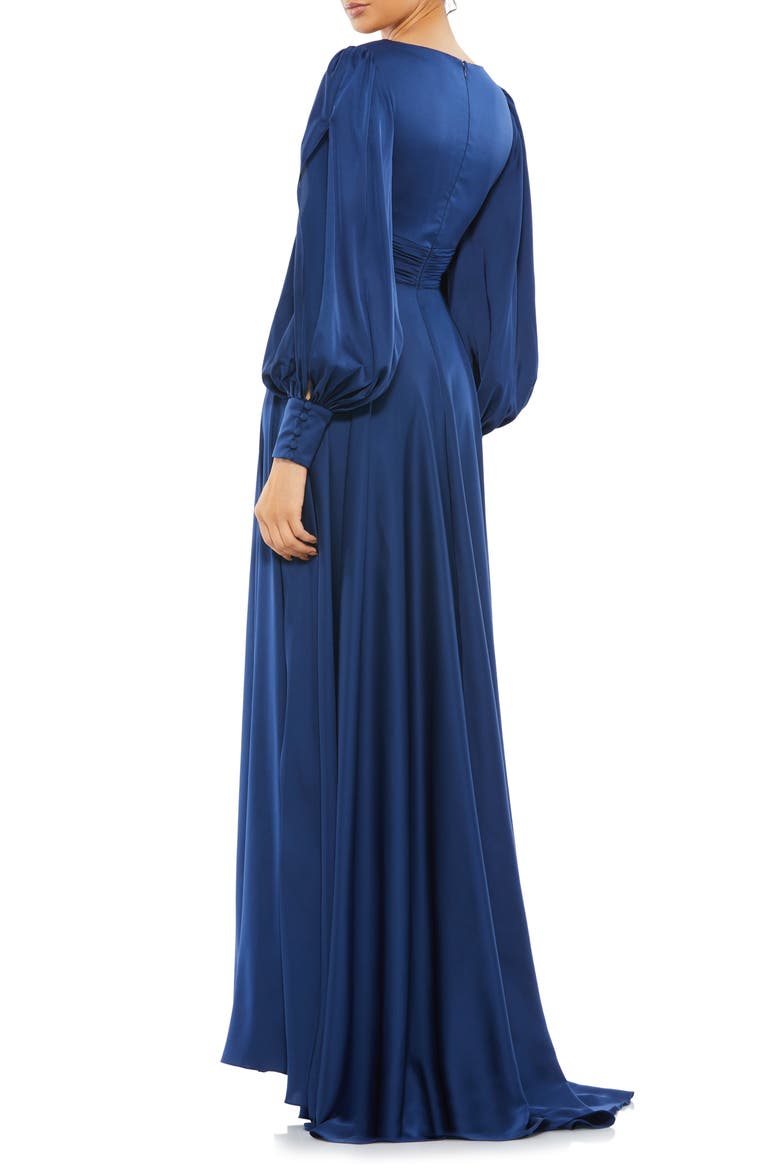 Split Long Sleeve Satin A-Line Gown, Alternate, color, MIDNIGHT