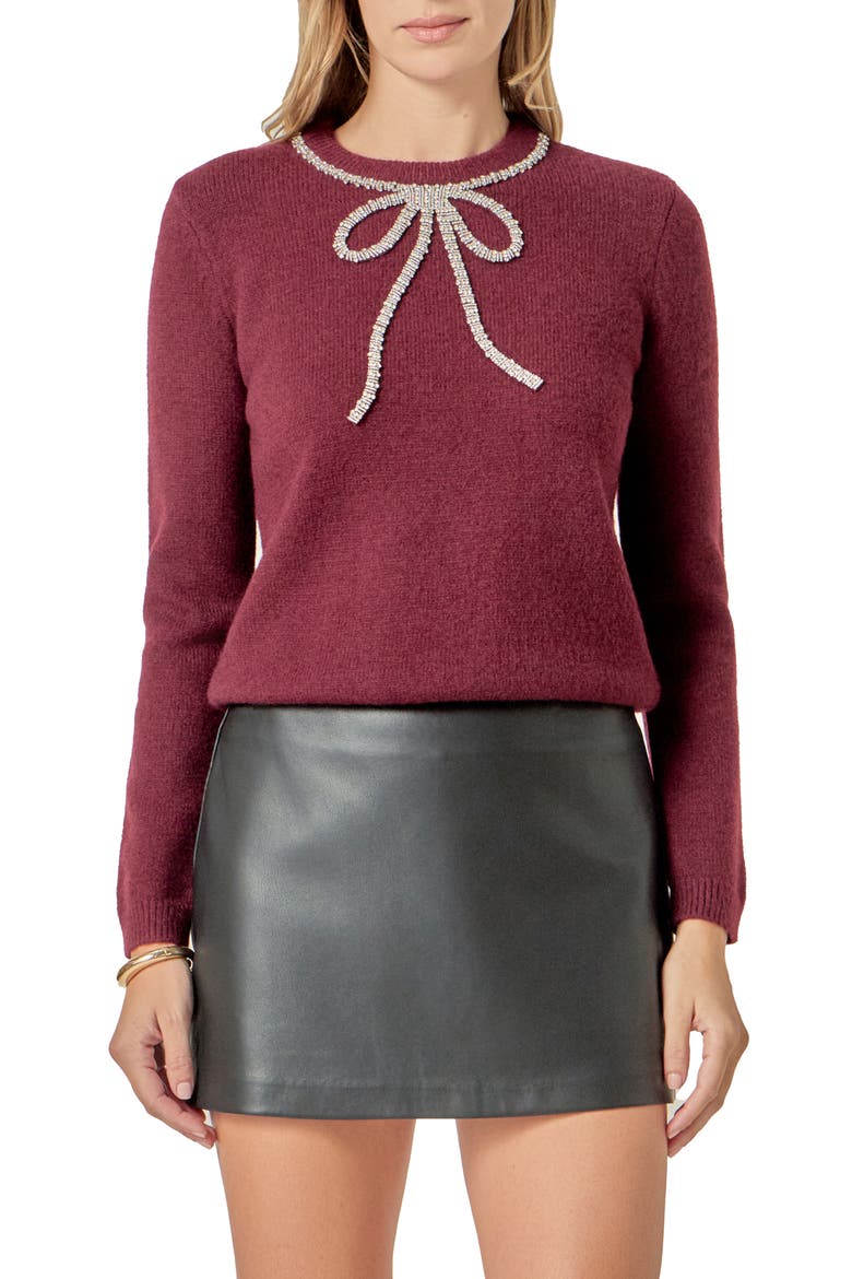 Rhinestone Bow Sweater, Main, color, WINE