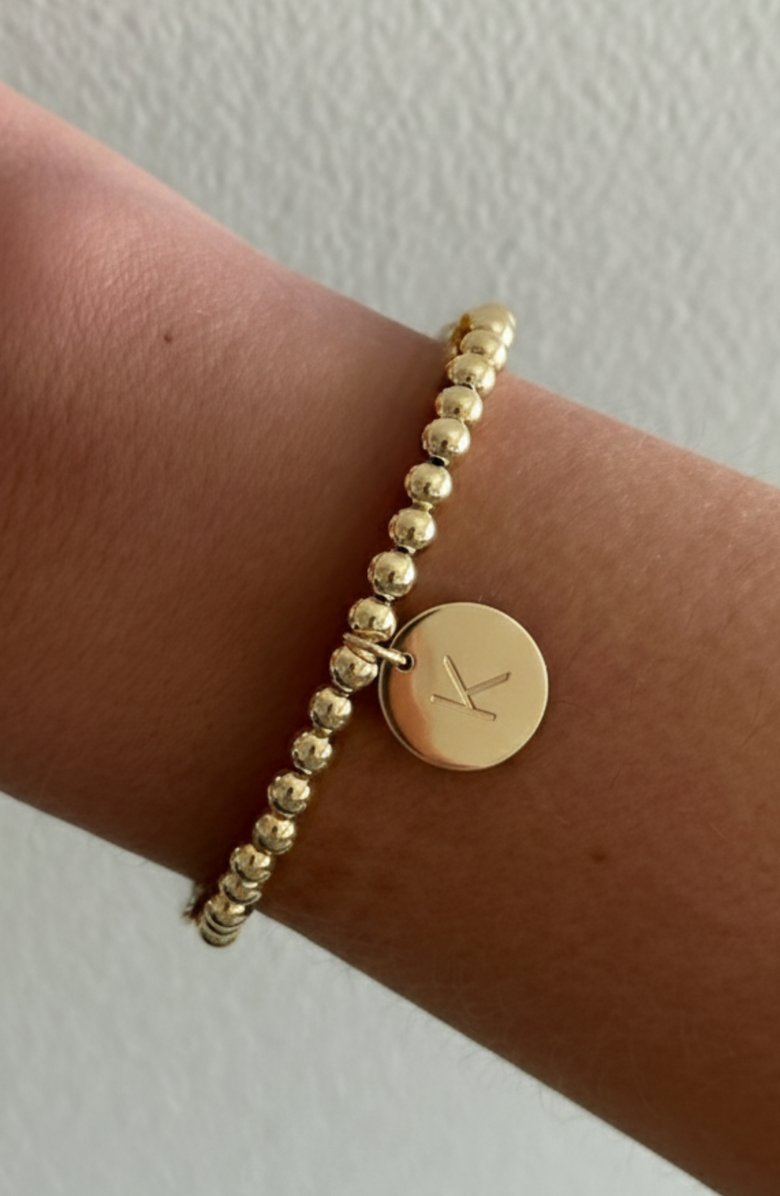 CUFFED BY NANO Classic Initial Coin 14k Gold Filled Bead Bracelet, Alternate, color, Gold K