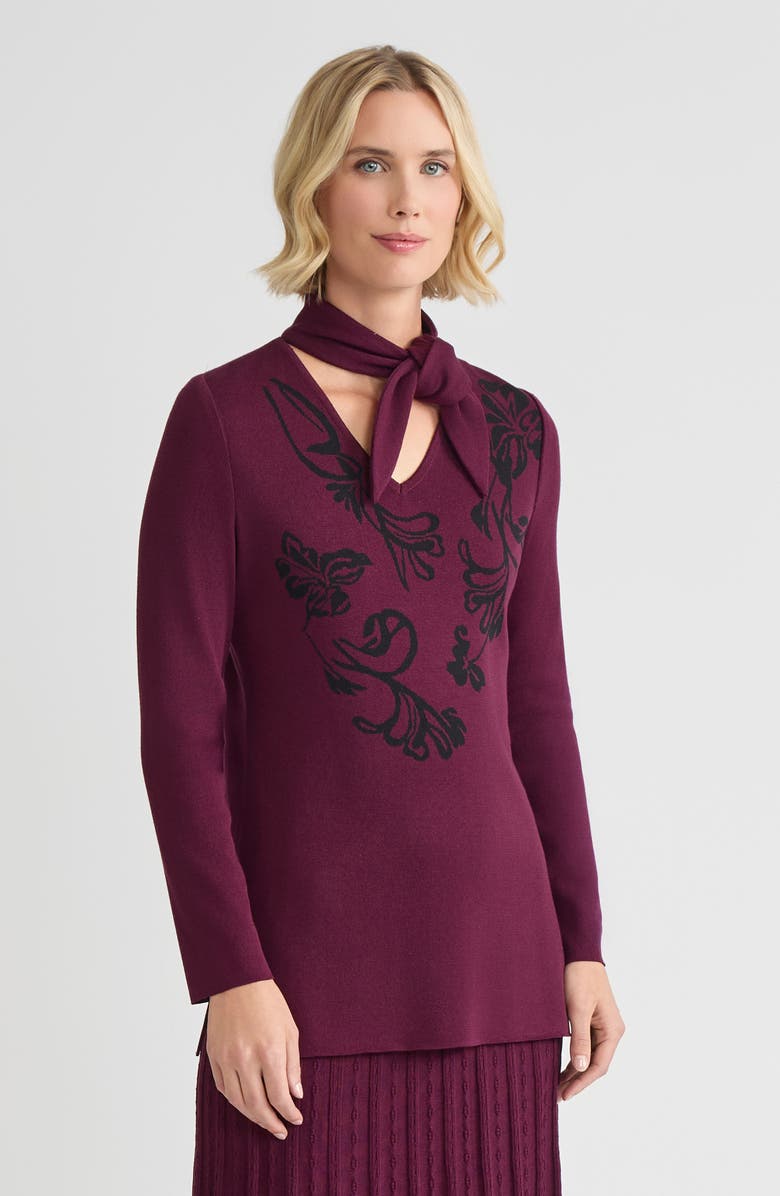 Ming Wang Tie-Neck Floral Jacquard Soft Knit Tunic, Alternate, color, Midnight Violet/Black