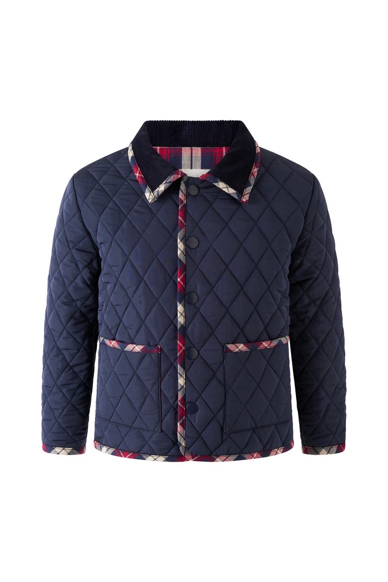 Tartan Trim Quilted Jacket, Main, color, Navy