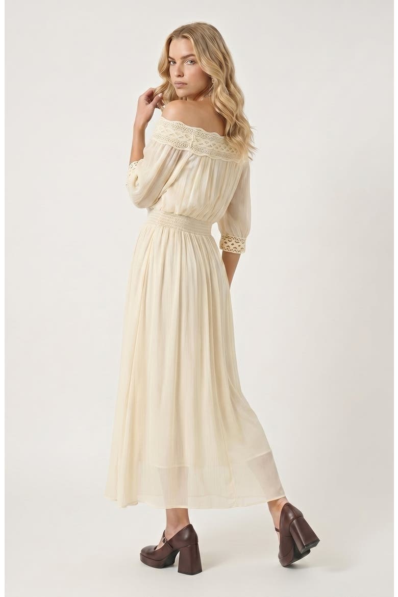 Two Piece Off Shoulder Crochet Top and Maxi Skirt Set, Alternate, color, Beige