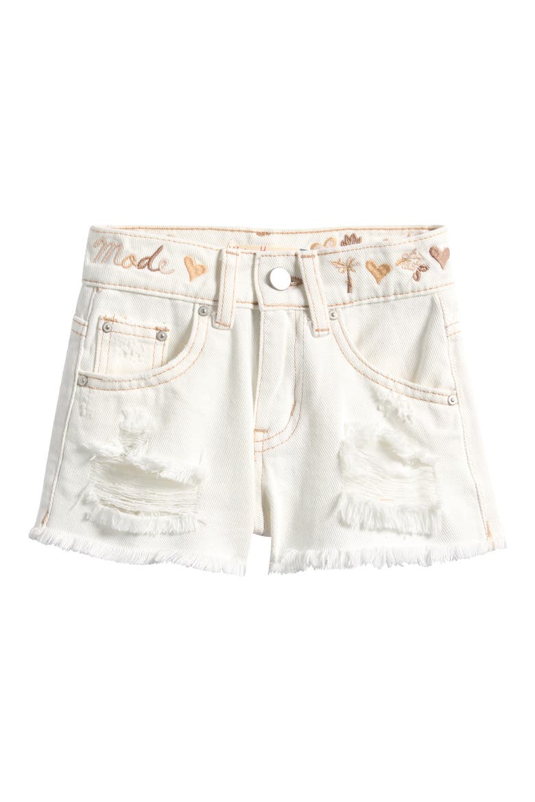 Kids' Embroidered Distressed Denim Shorts, Main, color, WHITE