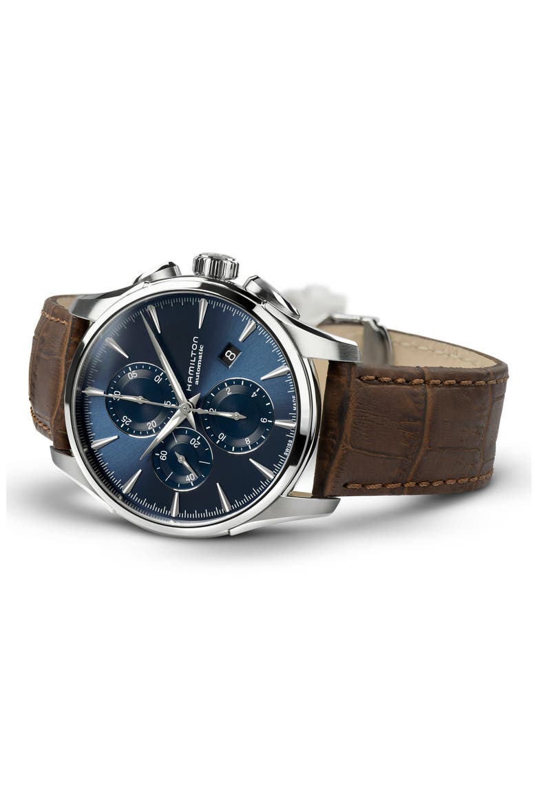 Jazzmaster Multifunction Automatic Leather Strap Watch, 42mm, Alternate, color, BROWN/ BLUE/ SILVER