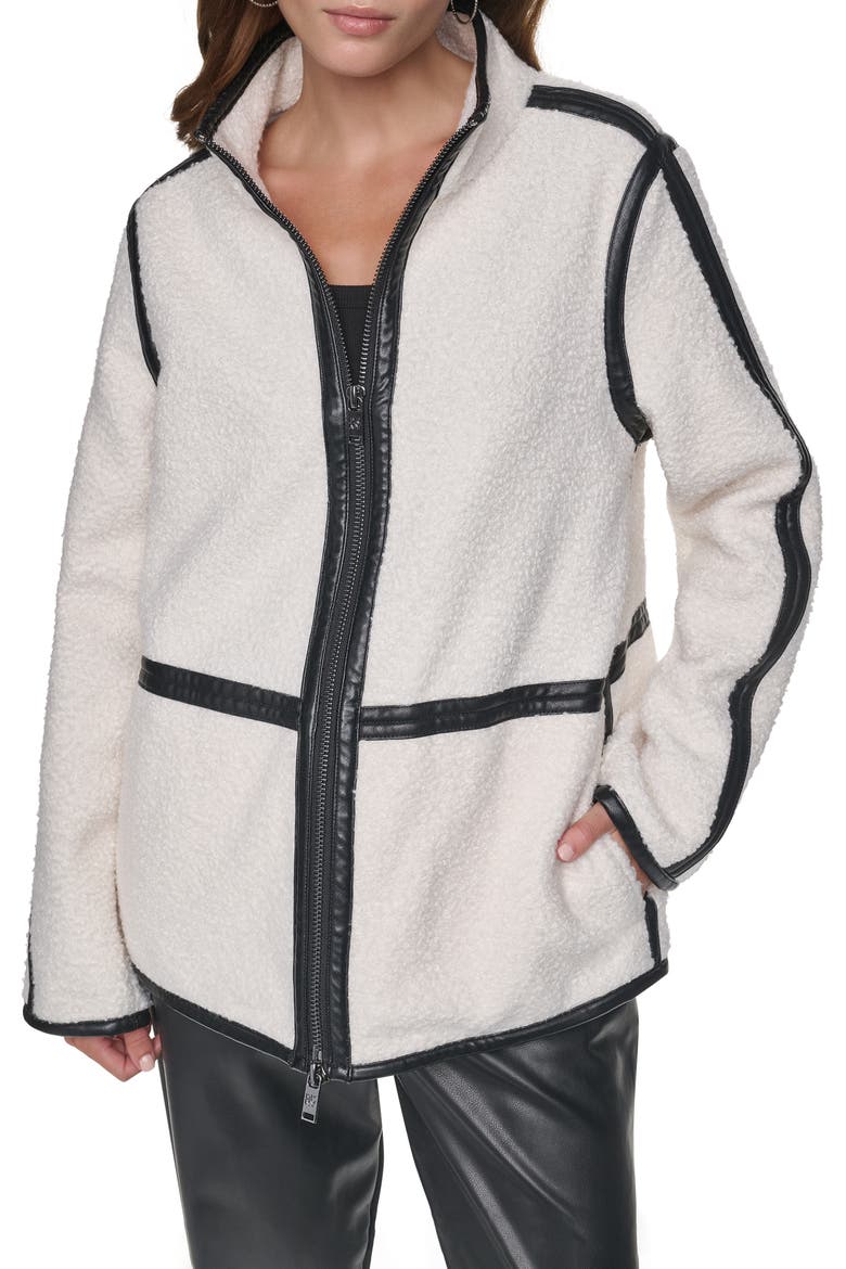 Faux Leather Trim High Pile Fleece Jacket, Alternate, color, IVORY/ BLACK
